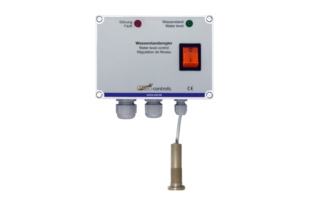 Elektronische Niveauregelung Skimmerregler mit orangefarbenem Schalter und dem Fühlersystem SK-1.