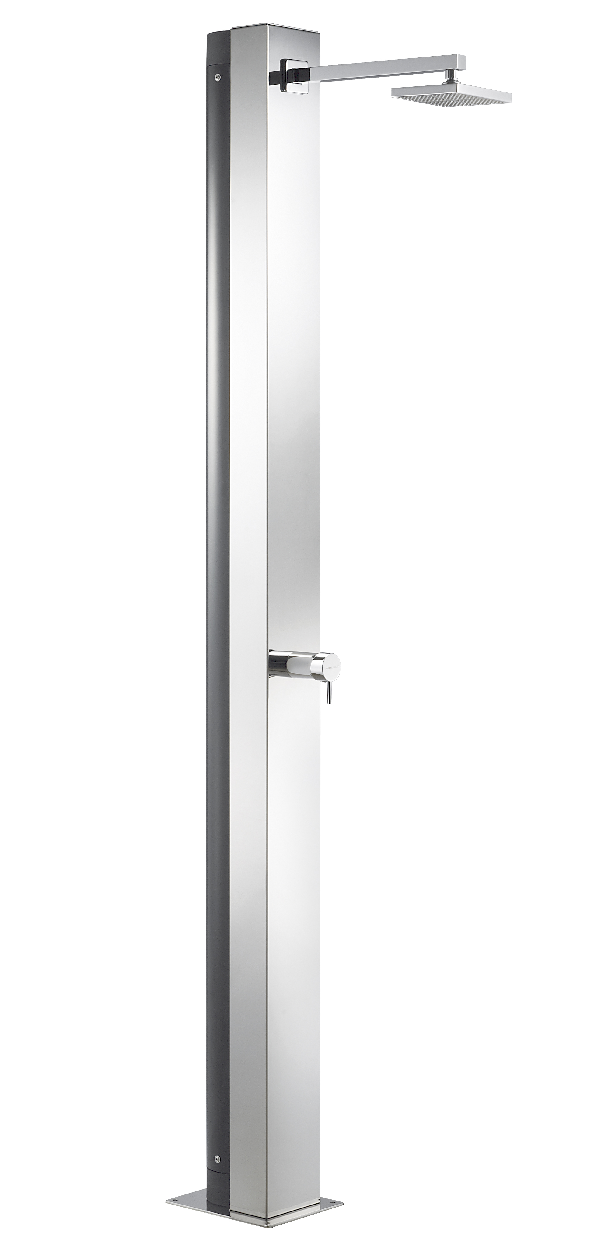 Solardusche Niagara: schlanke Edelstahlsäule mit quadratischem Duschkopf und Einhebelmischer.