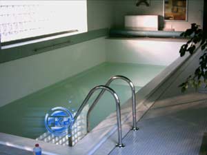 Hallenbad mit weißer Einhängefolie und Edelstahl-Poolleiter, frisch saniert