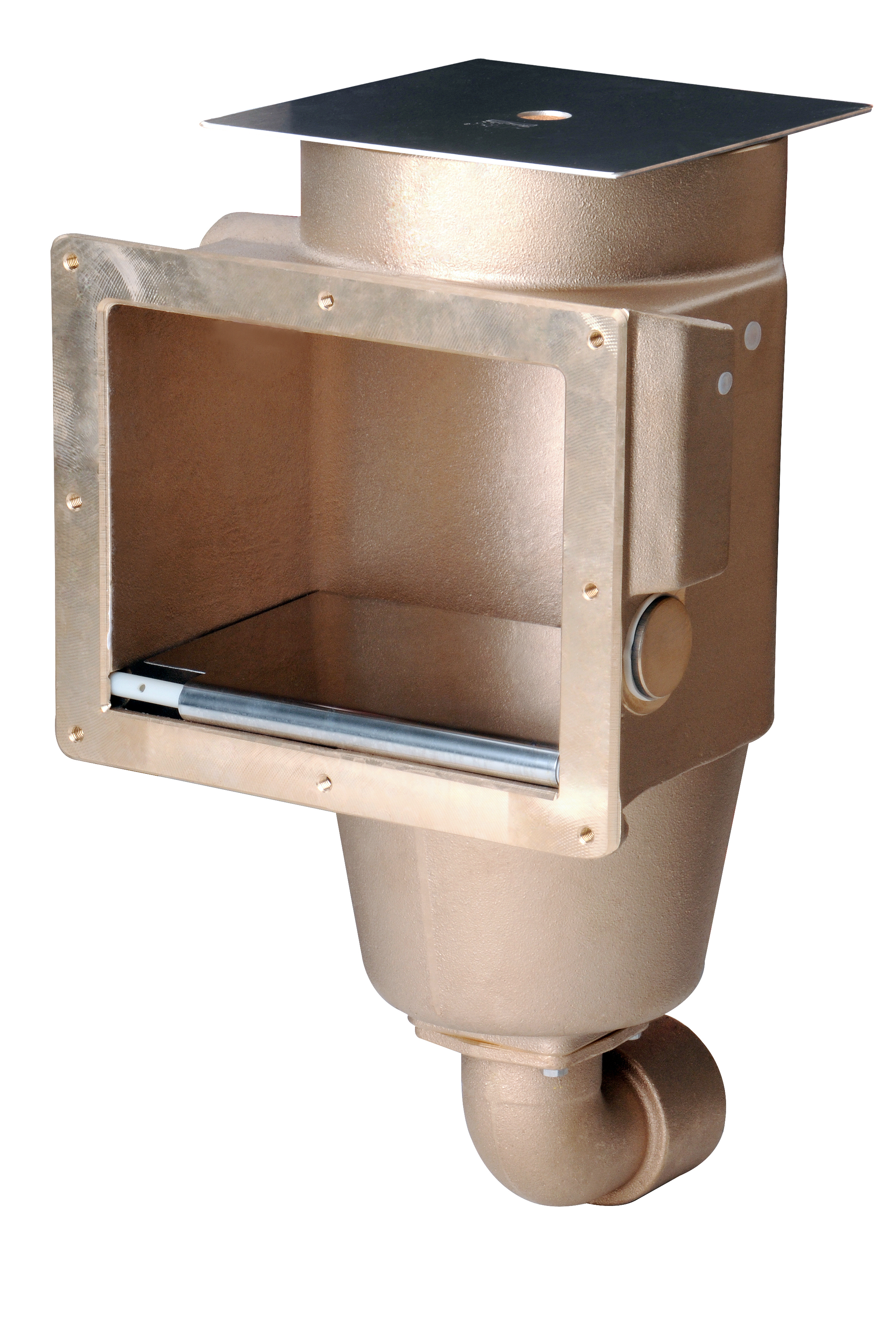 Detailansicht des Lahme Oberflächenabsaugers mit 2" Anschluss, goldfarben, von vorne schräg oben