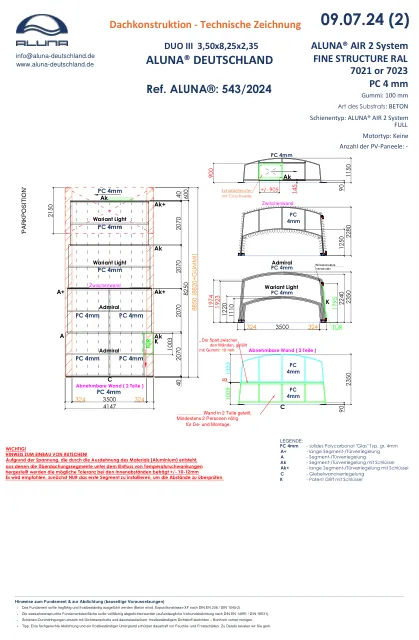 Aluna Duo III Poolhalle 3,50 × 8,25 × 2,35 m – technische Zeichnung