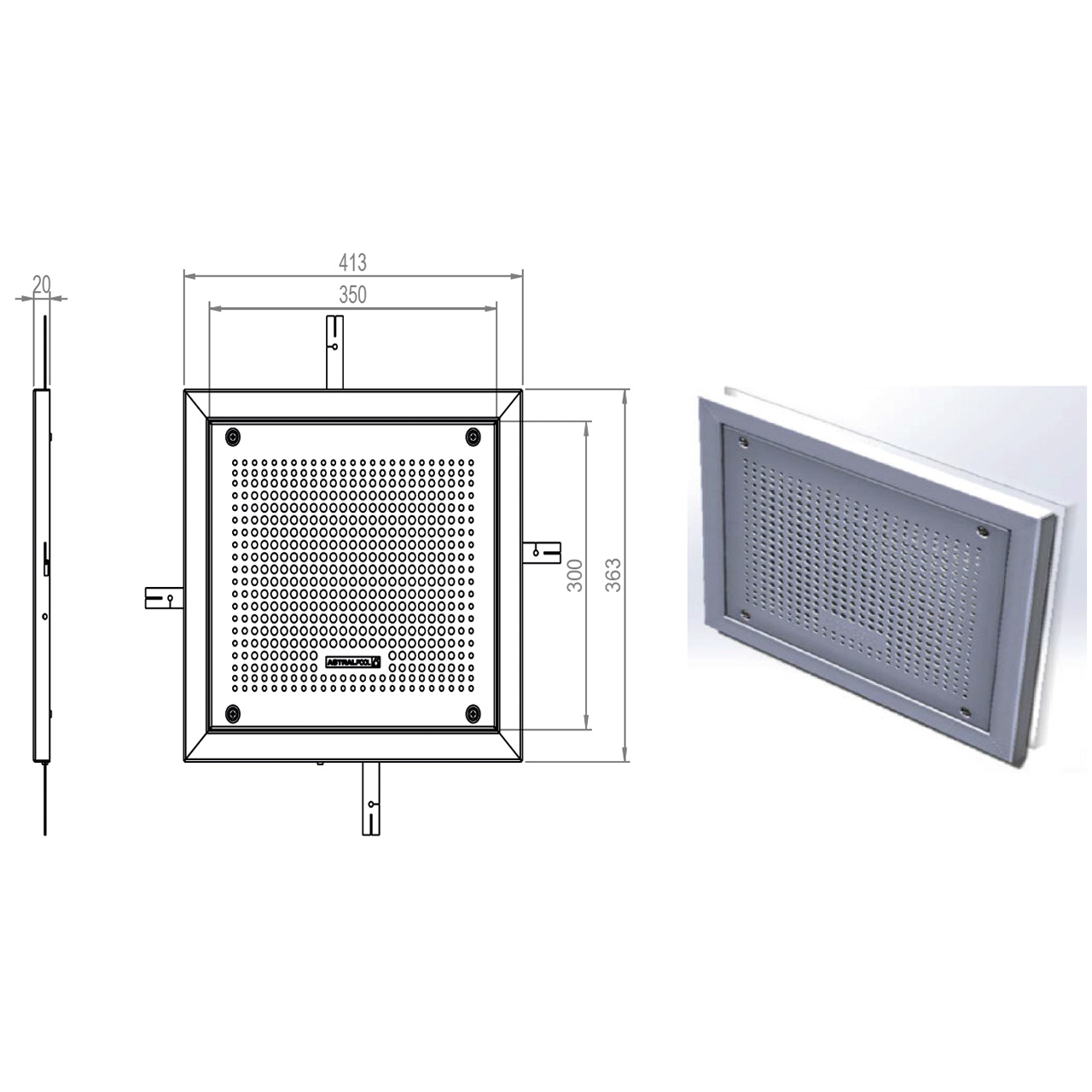 Maßzeichnung und Produktbild des quadratischen Astral Betoneinbauteils für Fliesenbecken