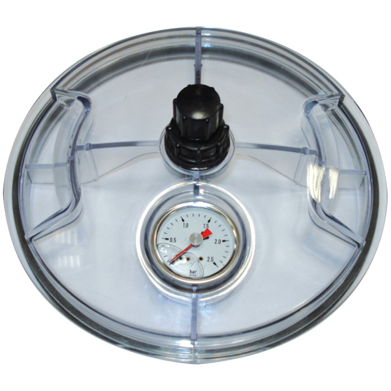 Transparenter Deckel für Sandfilterbehälter mit integriertem Druckmanometer und schwarzem Entlüftungsventil.