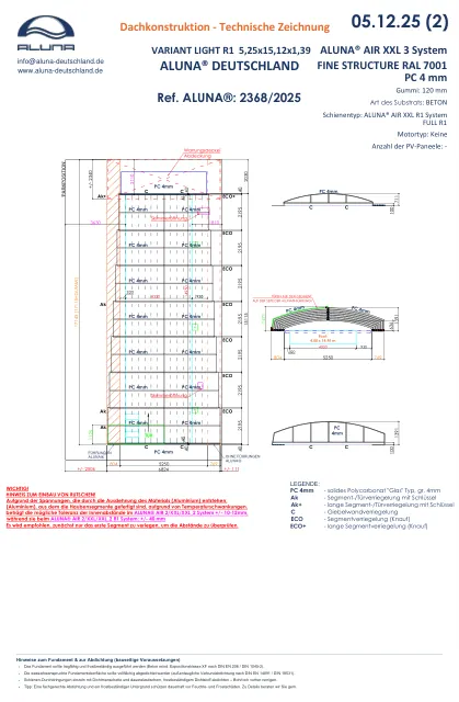 Aluna Variant Light R1 Poolüberdachung 5,25 × 15,12 × 1,39 m – technische Zeichnung