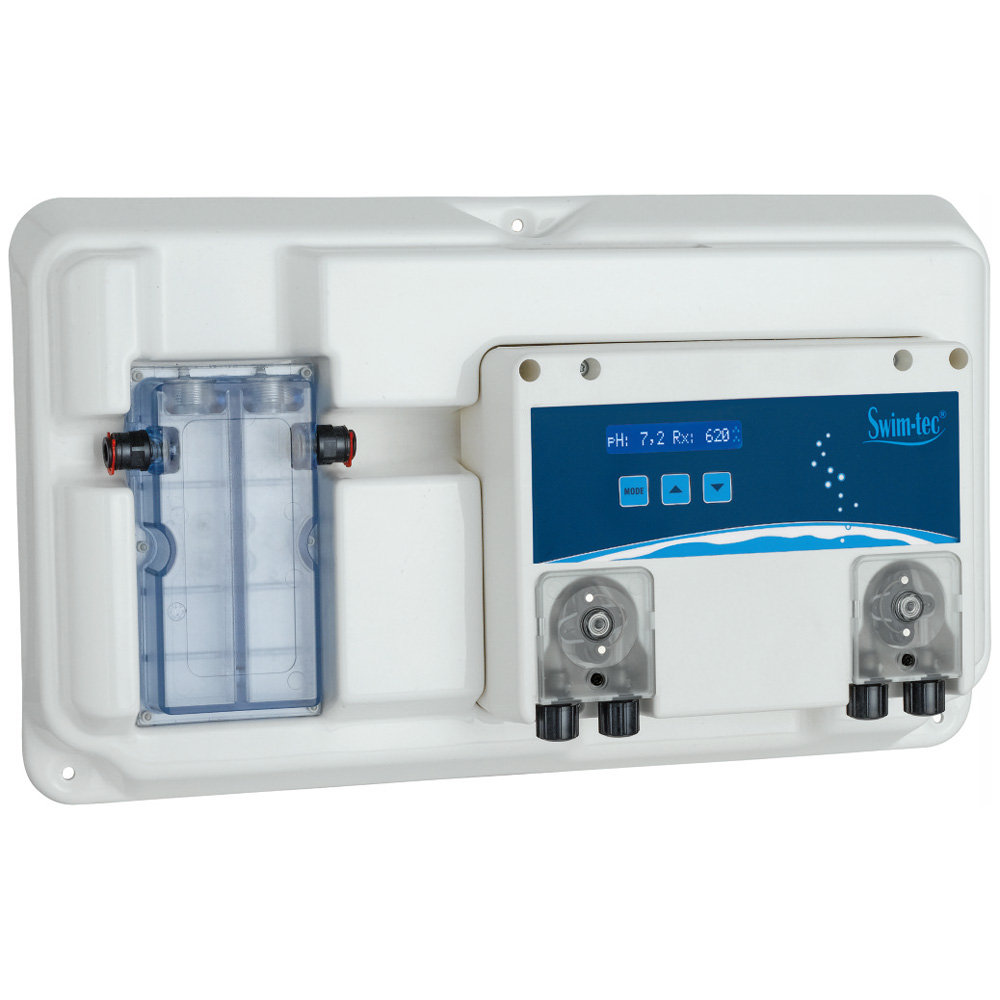 Integrierte DOS Ph-Rx BASIC Exact Dosieranlage mit Display, transparenter Flowzelle und zwei Dosierpumpen.