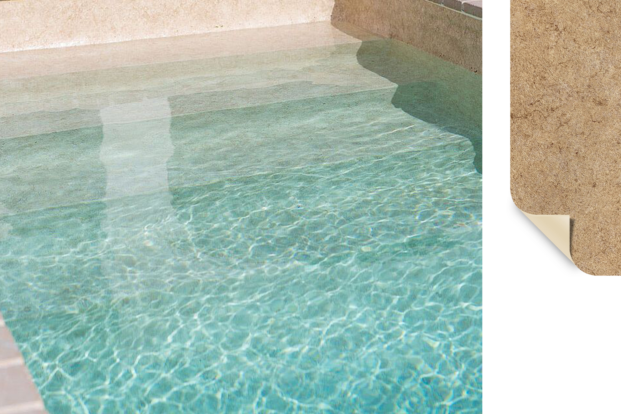 Schwimmbadfolie ELBE SOLID Stone – Farbton Amber im Becken Pool mit warmer, beiger Poolfolie in Natursteinoptik – ELBE SOLID Stone Amber