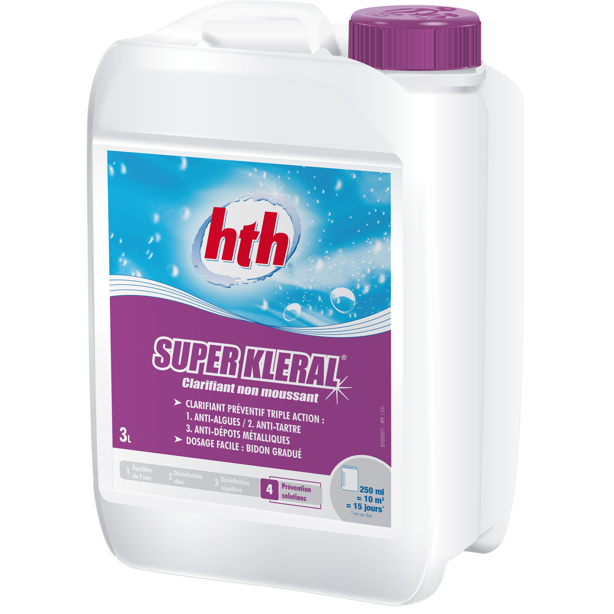 HTH_Super_Kleral_3l Wirkt Trübungen des Wassers, Algenbefall und Kalkablagerungen entgegen. Verbessert die Filtration, beseitigt metallische Ablagerungen und bestehenden Kalkbefall im Schwimmbadwasser.