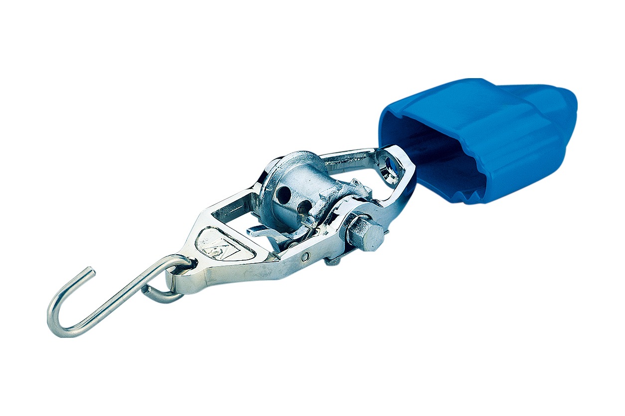 Metallischer Schwimm Leinenstraffer mit Haken und blauer Endkappe im Detail.
