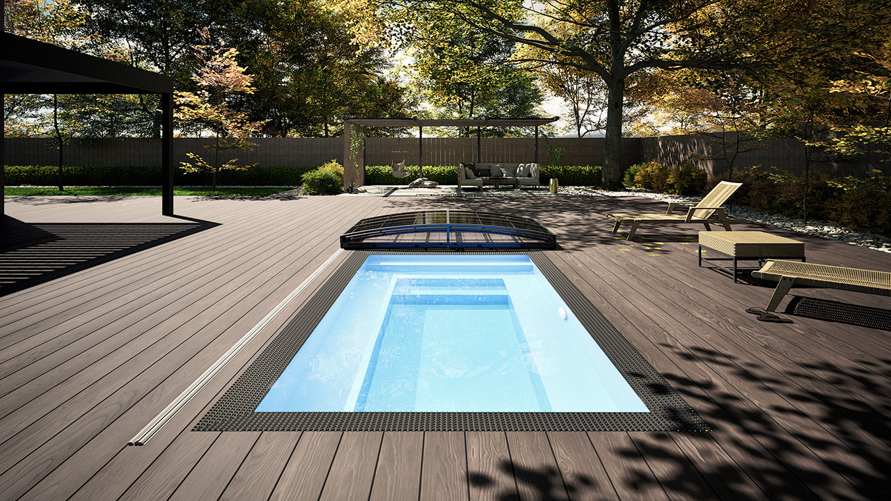 Albixon PP Pool Mini Qbig 2,25x375 Blau – Sydney Poolüberdachung Detailaufnahme des Albixon PP Pool Mini Qbig in Blau mit den Maßen 2,25 x 3,75 m und Sydney Poolüberdachung