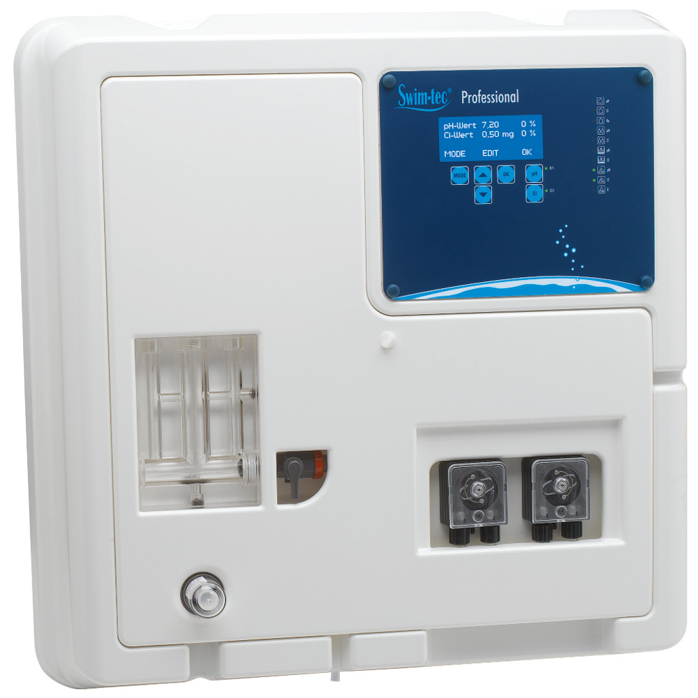 Aquaconsulting PH freies Chlor Mess- und Regelgerät mit Display, Sensorkammer und Dosierpumpen.