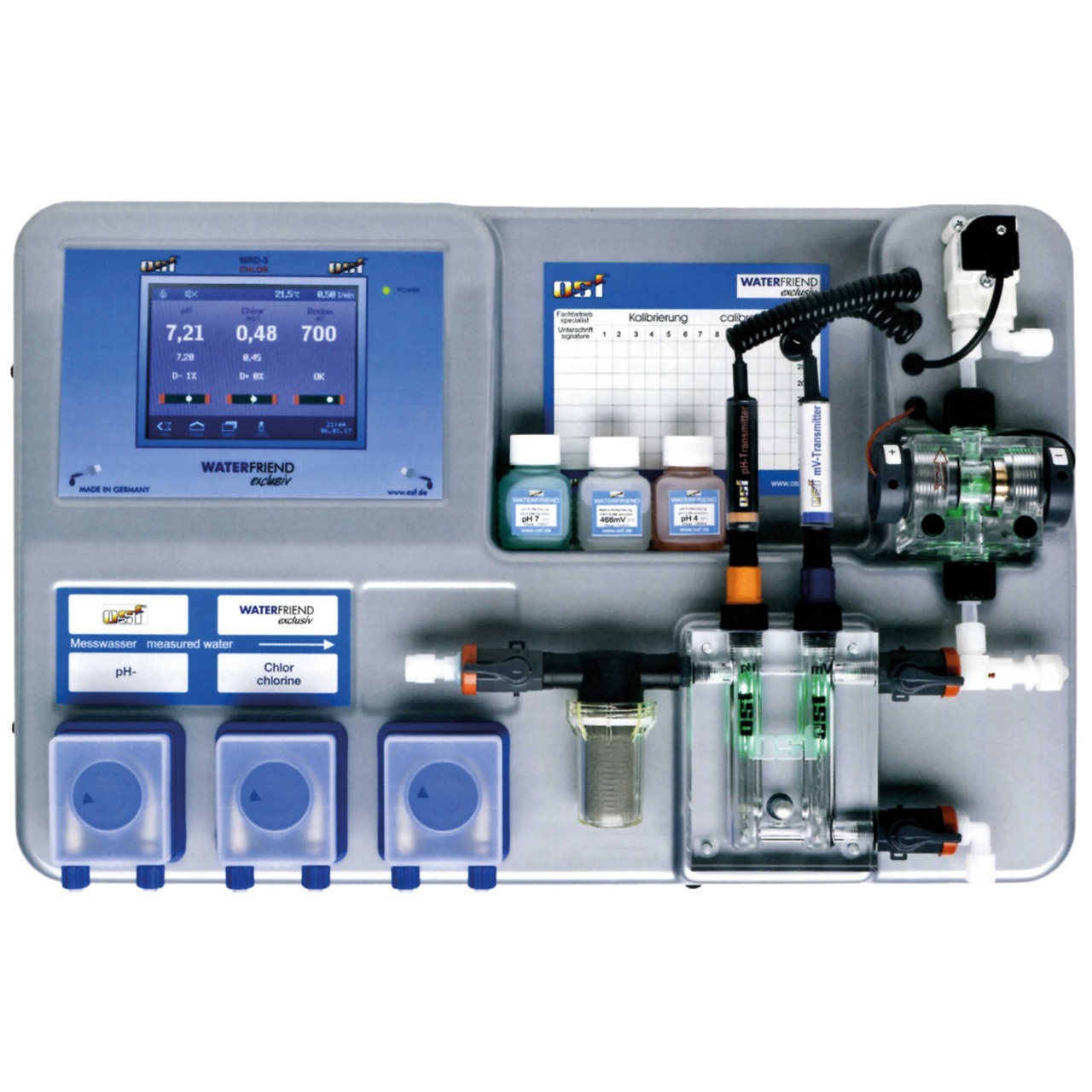 Контроль очистки воды. Станция автоматической дозации OSF WATERFRIEND Exclusiv Chlor (MRD-3). Станция дозирования MRD-3. OSF MRD-3 система дозирования. Измерительно-регулирующая система WATERFRIEND MRD-3 (PH,CL,RX), 3 насоса.